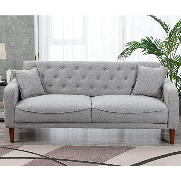 3 Seater Sofa Couch, Modern Linen Tufed Upholstered Sofa with 2 Pillows