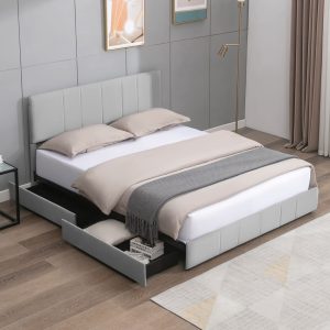 Full Storage Bed Frame, Upholstery Headboard with Vertical Stripes Design, 4 Drawers, Modern Platform