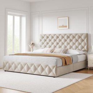 Linen Upholstered Platform Bed Frame Diamond Stitched Button Tufted