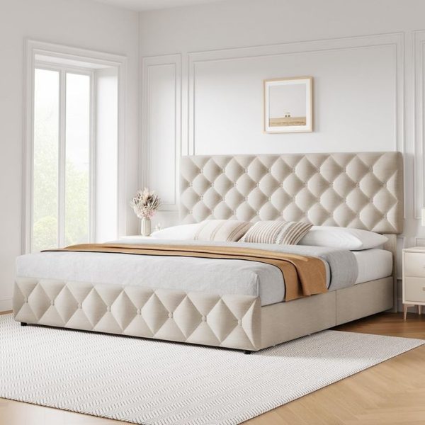 Linen Upholstered Platform Bed Frame Diamond Stitched